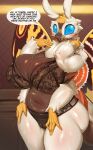 anthro arthropod biped blue_eyes bra breasts clothed clothing dialogue english_text female hi_res insect lepidopteran lingerie mleonheart moth mothra mothra_(series) panties solo speech_bubble text thick_thighs toho underwear white_body yellow_body