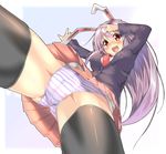 :d animal_ears bangs black_legwear blazer blush breasts bunny_ears cameltoe from_below happy jacket kantoku_(style) labia lavender_hair long_hair looking_at_viewer looking_down medium_breasts necktie nose_blush open_mouth outstretched_arms panties pantyshot piromizu pleated_skirt purple_hair red_eyes red_neckwear reisen_udongein_inaba shiny shiny_clothes shiny_skin shirt simple_background skirt smile solo spread_arms spread_legs standing straight_hair striped thighhighs touhou underwear upskirt very_long_hair white_background 