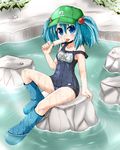  arm_support blue_eyes blue_hair boots eating food hair_bobbles hair_ornament hat kawashiro_nitori leg_up licking long_hair one-piece_swimsuit ponkotsu popsicle rock school_swimsuit sitting solo strap_slip swimsuit tongue touhou two_side_up water wet wet_clothes 
