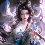  1girl animal animal_ears ay_yiyi bare_shoulders black_hair blue_eyes blush breasts chinese_clothes cleavage commission earrings facial_mark feathers fox_ears hair_bun hair_ornament holding holding_staff jewelry long_hair original red_lips solo staff 