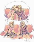  2girls blonde_hair blush breasts chair character_request closed_eyes closed_mouth copyright_request couple eye_contact highres honkai:_star_rail honkai_(series) imagining kiss leaning_forward long_hair long_sleeves looking_at_another march_7th_(honkai:_star_rail) medium_hair miniskirt multiple_girls no_shoes on_chair pale_colors pink_shirt purple_shorts purple_skirt purple_sweater shared_thought_bubble shirt short_sleeves shorts signature simple_background sitting sketch skirt small_breasts smile socks speech_bubble stelle_(honkai:_star_rail) sweater thought_bubble trailblazer_(honkai:_star_rail) umilini2 white_background white_socks yokozuwari yuri 