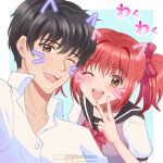  1boy 1girl aoyama_masaya black_hair black_sailor_collar commentary_request couple fang hair_intakes hetero highres momomiya_ichigo nao_(sprinkanao) neckerchief one_eye_closed partially_unbuttoned red_hair red_neckerchief sailor_collar school_uniform selfie shirt tokyo_mew_mew tokyo_mew_mew_new twintails v white_shirt yellow_eyes 