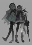  2girls absurdres alternate_costume anti-materiel_rifle bandaged_leg bandages bang_dream! bang_dream!_our_notes barrett_m82 black_boots black_gloves black_hairband black_pants black_pantyhose black_socks black_vest boots brei_mao chinese_commentary closed_mouth commentary_request flower full_body gloves goggles goggles_on_head grey_jacket gun hair_flower hair_ornament hairband hands_up highres holding holding_gun holding_weapon jacket lace-up_boots long_hair long_sleeves looking_at_another medium_hair multiple_girls pants pantyhose rifle sawami_kanata shiomi_hotaru simple_background smile sniper_rifle socks standing tactical_clothes torn_clothes vest weapon 