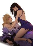  1boy 1girl after_kiss artist_logo artist_name assertive_female azezazel backless_dress backless_outfit bare_legs bare_shoulders bite_mark bite_mark_on_shoulder black_hair blonde_hair blue_eyes blush cloud_strife cloud_strife_(ball_gown) collar commentary couple crescent crescent_earrings crossdressing crossdressing_(mtf) dress earrings english_commentary final_fantasy final_fantasy_vii final_fantasy_vii_remake frilled_collar frilled_dress frills from_side girl_on_top hetero hickey highres jewelry legs lipstick lipstick_mark lipstick_mark_on_chest lipstick_mark_on_face lipstick_mark_on_neck lipstick_mark_on_shoulder logo long_dress looking_at_another makeup off_shoulder official_alternate_costume official_alternate_hairstyle parted_lips purple_dress red_eyes seductive_smile short_dress sitting sitting_on_lap sitting_on_person smeared_lipstick smile spiked_hair straddling thighs tifa_lockhart tifa_lockhart_(refined_dress) too_many_lipstick_marks twitter_username upright_straddle 