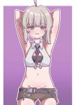  1girl absurdres ahoge alternate_costume armpits arms_behind_head arms_up ass_visible_through_thighs belt bikini black_belt black_bikini black_necktie blunt_bangs blush border brown_shorts cheyanne_(girls'_frontline_2) commentary_request cowboy_shot crop_top cropped_shirt embarrassed flat_chest frown girls'_frontline girls'_frontline_2:_exilium grey_eyes grey_hair halterneck highres isru long_hair looking_at_viewer low_ponytail m200_(girls'_frontline) navel necktie outline outside_border peanut_mouth ponytail purple_background shirt short_necktie short_shorts shorts sidelocks sleeveless sleeveless_shirt solo standing stomach swimsuit tied_shirt white_border white_outline white_shirt 