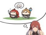  1boy 1girl ahoge chibi commentary eris_greyrat highres holding holding_staff holding_sword holding_weapon mushoku_tensei orsted_(mushoku_tensei) rudeus_greyrat speech_bubble spoken_object staff superappleman sword thought_bubble untranslatable_commentary weapon 