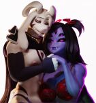 3d_(artwork) alpha_channel anthro asriel_dreemurr asriel_dreemurr_(god_form) big_breasts blender_(artwork) blender_eevee_next boss_monster_(undertale) bra breasts cape clothing digital_media_(artwork) duo female glowing glowing_eyes hair hand_holding hi_res jewelry jockstrap lingerie male monster muffet muscular muscular_male necklace nipples romantic romantic_couple signature simple_background smile standing sticker tattoo transparent_background undertale undertale_(series) underwear vermilionrenderworks