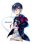  armband bad_id bad_pixiv_id blue_eyes blue_hair bow digital_media_player headphones kuro_no_haijin male_focus persona persona_3 ribbon school_uniform simple_background solo yuuki_makoto 