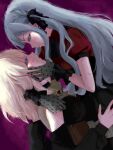  2girls absurdres bang_dream! bang_dream!_it's_mygo!!!!! bilingual_commentary black_dress black_ribbon blue_hair closed_mouth clothing_cutout commentary doloris_(bang_dream!) dress eye_contact gloves grey_gloves hair_ribbon hand_on_another's_cheek hand_on_another's_face highres long_hair looking_at_another miomujica misumi_uika mixed-language_commentary multiple_girls oblivionis_(bang_dream!) open_mouth puffy_short_sleeves puffy_sleeves purple_background purple_eyes red_shirt ribbon shirt short_sleeves shoulder_cutout sidelocks togawa_sakiko two_side_up yellow_eyes yuri 