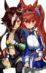  2girls absurdres aiguillette amamoru_21 animal_ears black_jacket black_shorts black_thighhighs blue_jacket blue_skirt blush bow breasts brown_hair center_frills commentary_request crop_top daiwa_scarlet_(peak_blue)_(umamusume) daiwa_scarlet_(umamusume) epaulettes frills hair_intakes hair_over_one_eye highres horse_ears horse_girl horse_tail jacket juliet_sleeves large_breasts layered_skirt long_hair long_sleeves looking_at_viewer midriff multicolored_hair multiple_girls navel open_mouth puffy_sleeves red_eyes shirt shorts skirt small_breasts stopwatch stopwatch_around_neck tail thighhighs tiara twintails umamusume very_long_hair vodka_(umamusume) vodka_(wild_top_gear)_(umamusume) white_shirt white_skirt white_thighhighs yellow_shirt 