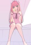 1girl ahoge alternate_hair_length_(longer) barefoot between_legs closed_mouth colored_inner_hair commentary_request covering_crotch covering_privates expressionless foot_out_of_frame frilled_shirt frills fukouko_(keisuke309) green_eyes green_panties hand_between_own_legs highres keisuke309 long_hair looking_at_viewer maid_headdress multicolored_hair no_pants no_pupils original panties pink_hair pink_shirt shirt sidelocks sitting solo straight_hair strapless strapless_shirt underwear 