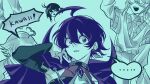  1boy 7kis_7777 :d adjusting_hair ahoge arm_up armpits black_sleeves blue_theme brooch cape chinese_commentary commentary_request d: detached_sleeves earrings feather_earrings feathers gem hair_between_eyes heart heart-shaped_speech_bubble heart_ahoge highres jewelry looking_at_viewer low_ponytail mairimashita!_iruma-kun metal_choker middle_ring monochrome multiple_views mystical_high_collar necktie open_mouth ponytail portrait purple_cape purple_eyes purple_gem purple_hair romaji_text short_hair sidelocks simple_background single_earring smile speech_bubble suzuki_iruma sweater_vest teeth 