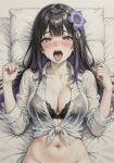  1girl ai-generated blue_eyes blush bottomless bra breasts buttons collarbone collared_shirt commentary_request eyelashes flower from_above hair_flower hair_ornament highres hiiroreika lace lace_bra large_breasts long_hair long_sleeves looking_at_viewer multicolored_hair navel on_bed open_mouth original pillow saliva see-through_clothes see-through_shirt shirt sleeve_cuffs solo stomach sweat sweaty_breasts sweaty_clothes tearing_up tied_shirt tongue tongue_out two-tone_hair unbuttoned underwear very_sweaty white_shirt 