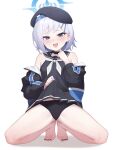  1girl :d absurdres bare_legs bare_shoulders barefoot beret black_choker black_hat black_jacket black_nails black_panties black_sailor_collar black_shirt black_skirt blue_archive blue_eyes blue_halo blue_jacket blush choker clothes_lift commentary_request full_body hair_ornament hairclip halo hand_up hat highres jacket kneeling korean_commentary lifting_own_clothes looking_at_viewer medium_hair multicolored_jacket multicolored_skirt nail_polish neckerchief off_shoulder open_clothes open_jacket open_mouth panties parallel_hairclips pharamacom sailor_collar shirt simple_background skirt skirt_lift sleeveless sleeveless_shirt small_sweatdrop smile solo spread_legs sumika_(blue_archive) toenail_polish toenails two-tone_skirt underwear white_background white_hair white_jacket white_neckerchief white_skirt 