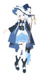  1girl absurdres black_boots blue_cape blue_eyes blue_hat blue_skirt boots cape cherthart closed_mouth frilled_sleeves frills full_body hat highres holding holding_staff lantern long_hair long_sleeves original pleated_skirt shirt simple_background skirt smile solo staff thighhighs thighhighs_under_boots torn_clothes torn_thighhighs very_long_hair white_background white_hair white_shirt white_thighhighs witch_hat 