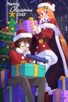  1boy 1girl artist_name blue_eyes box brown_hair christmas christmas_tree commentary dress emeraldas english_commentary gift gift_box glasses harlock_saga hat highres holding holding_gift long_hair looking_at_viewer merry_christmas no_scar ooyama_toshiro open_mouth orange_hair queen_emeraldas round_eyewear santa_costume santa_dress santa_hat short_hair smile troy7737 
