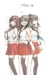  3girls agano_(kancolle) black_hair black_sailor_collar black_thighhighs blush braid breasts brown_hair flying_sweatdrops garter_straps gloves ima_(minitomato123) kantai_collection large_breasts long_hair looking_at_viewer miniskirt multiple_girls navel noshiro_(kancolle) open_mouth red_skirt sailor_collar school_uniform shirt siblings sidelocks simple_background single_garter_strap single_thighhigh sisters skirt sleeveless sleeveless_shirt teeth thighhighs translation_request upper_teeth_only white_background white_gloves yahagi_(kancolle) 