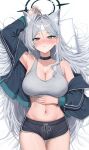 1girl absurdres animal_ear_fluff animal_ears black_choker black_halo blue_archive blue_eyes blue_nails blush breasts broken_halo character_name choker cleavage clothes_writing cold_pack commentary corrupted_halo covered_nipples cross cross_hair_ornament english_text extra_ears fever grey_hair grey_sports_bra gym_shorts hair_intakes hair_ornament hair_spread_out halo highres inverted_cross jacket jacket_partially_removed large_breasts long_hair looking_at_viewer mismatched_pupils navel on_bed pang-yo parted_lips shiroko_terror_(blue_archive) shorts solo sports_bra stomach track_jacket wolf_ears wolf_girl 