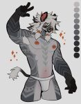 2026 absurd_res anthro armpit_hair body_hair bulge clothed clothing ear_piercing equid equine facial_piercing fur gesture grey_body hair hand_gesture hi_res jockstrap male male_anthro mammal markings muscular muscular_anthro muscular_male navel nipple_piercing nipples nose_piercing nose_ring orange_eyes pecs piercing ramahuro ring_piercing simple_background solo stripes tail topless underwear underwear_only v_sign zebra