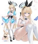  1girl alternate_costume animal ass black_bow black_bowtie black_shoes blonde_hair blue_archive blue_dress blue_eyes blue_halo bow bow_panties bowtie breasts card cleavage closed_mouth commentary_request dema_hmw dress halo highres lace-trimmed_panties lace_trim long_hair medium_breasts multiple_views panties puffy_short_sleeves puffy_sleeves rabbit shoes short_sleeves sitting standing thighhighs thighs toki_(blue_archive) underwear white_panties white_thighhighs 