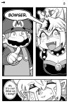 2021 2_horns ayyk92 big_nose bowser bowsette_meme breasts cleavage clothed clothing collar comic crown dialogue dress duo english_text eyebrows facial_hair female footwear hair hat headgear headwear hi_res horn human koopa male mammal mario mario_bros meme monochrome mustache nintendo overalls ponytail scalie shirt shoes short_hair spiked_collar spikes super_crown text thick_eyebrows topwear