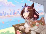  1girl ahoge alex_j_stella animal_ears balcony blue_sky brown_hair building cherry_blossoms cloud commentary english_commentary falling_petals highres horse_ears horse_girl lake looking_at_viewer looking_up meisho_doto_(casual)_(umamusume) meisho_doto_(umamusume) meto_(cat) mountain petals purple_eyes scenery sky solo sweater umamusume white_sweater 