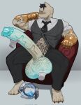2025 accessory anthro arm_tattoo balls belly_tattoo big_balls big_penis black_tie_(suit) blush chair clothing domestic_cat epic_games erection felid feline felis fortnite furniture genitals hi_res huge_balls huge_penis humanoid_genitalia humanoid_penis hyper hyper_genitalia hyper_penis male mammal meowdas muscular muscular_anthro muscular_male necktie on_chair penis sitting sitting_on_chair solo suit tan_body tattoo unholy_rigatoni vein veiny_penis