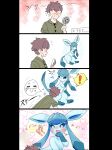 2026 absurd_res blue_body blue_ears blue_fur blue_sclera blue_tail blush blush_lines bodily_fluids brown_hair clothing comic duo eeveelution feral fur gender_symbol generation_4_pokemon glaceon hair heart_eyes heart_symbol hi_res human japanese_text male male_symbol mammal nintendo ohiusama open_mouth pawpads paws pokemon pokemon_(species) shirt sweat sweatdrop symbol tail text topwear white_eyes