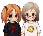  2girls averting_eyes black_shirt brown_eyes bsd bsd_daemon character_print commentary dot_nose english_commentary glasses grey_eyes grey_hair ichigo_mashimaro layered_sleeves light_blush long_sleeves looking_at_viewer matsuoka_miu multiple_girls openbsd orange_hair pout puffy_(openbsd) sakuragi_matsuri shirt short_hair short_over_long_sleeves short_sleeves short_twintails simple_background striped_sleeves t-shirt twintails v-shaped_eyebrows white_background white_shirt zoolpal 