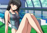  1girl amagami ayatsuji_tsukasa black_hair black_one-piece_swimsuit commentary_request competition_swimsuit grey_eyes highleg highleg_one-piece_swimsuit highres indoors lane_line long_hair one-piece_swimsuit parted_lips pool sitting solo starting_block swimsuit two-tone_swimsuit yuuyuu_(3jjbn) 