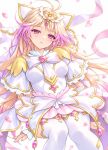  1girl antenna_hair blonde_hair bow breasts brooch capelet cherry_blossoms commentary_request cure_arcana dress frilled_capelet frilled_cuffs frills gradient_hair hair_intakes heart heart_brooch highres jewelry long_hair looking_at_viewer magical_girl meitantei_precure! moria_luluka multicolored_hair precure solo veil very_long_hair white_capelet white_dress white_veil winged_heart wrist_cuffs yamamoto_kazue 