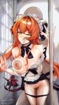  1boy 1girl 1other absurdres against_glass apron barber_stray black_bow black_bowtie black_dress black_horns black_panties blush bow bowtie breast_press breasts breasts_on_glass cheek_on_glass collarbone commentary_request curled_horns dark-skinned_male dark_skin dragon_girl dragon_horns dress faceless faceless_male frilled_apron frills green_eyes hair_between_eyes hand_on_glass hetero highres horns indoors large_breasts long_hair magus_(zenless_zone_zero) maid maid_headdress mechanical_horns mechanical_tail nipples open_mouth orange_hair orange_pupils orphie_magnusson panties panty_pull pointy_ears sex sex_from_behind standing standing_sex tail twintails underwear white_apron zenless_zone_zero 
