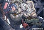  2girls ass blue_eyes bodysuit cable commentary cororatan english_commentary floating floating_hair full_body hair_ornament helmet highres holding holding_unworn_helmet hugging_object long_hair midair missing_headwear multiple_girls one_eye_closed open_mouth original purple_eyes skin_tight space space_helmet spacecraft spacecraft_interior spacesuit sweat thighs twitter_username unworn_headwear unworn_helmet upside-down white_hair wide_hips zero_gravity 
