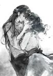  2girls aoqun chinese_clothes chinese_commentary clothing_request commentary_request cowboy_shot curly_hair dress eye_contact greyscale hand_on_another's_cheek hand_on_another's_face hanfu highres identity_v imminent_kiss long_hair looking_at_another mandarin_collar monochrome multiple_girls pankou parted_lips procreate_(medium) profile qi_shiyi shanghai_neckline shirt smile straight_hair tang_si three-quarter_sleeves thyme_(4749874974) yuri 