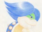 2021 anthro blue_hair blue_shell closed_smile colored_pencil_(artwork) dragon_koopa fangs grey_eyes hair hi_res japanese_description koopa koopaling light lighting ludwig_von_koopa male mario_bros mouth_closed nintendo nude ribbon1984 scalie shell side_view simple_background smile solo spiked_shell spikes spikes_(anatomy) teeth traditional_media_(artwork) white_background yellow_body