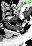 commentary eye_trail green_eyes greyscale highres hisuikouha kurogane_no_linebarrel light_trail linebarrel mecha mecha_focus monochrome no_humans robot science_fiction solo spot_color sword upper_body weapon 