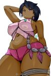  1girl aqua_gem arm_behind_head ass bead_necklace beads black_hair blush breasts bright_pupils commentary covered_nipples dark-skinned_female dark_skin diamond-shaped_earrings diamond_(gemstone) from_below gem halter_shirt halterneck highres jewelry jrpulse large_breasts lipstick makeup neck_ring necklace olivia_(pokemon) pink_gem pink_lips pokemon pokemon_sun_and_moon purple_shorts short_hair shorts solo thick_thighs thighs 