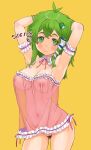  1girl alternate_costume armpits arms_up babydoll blush breasts cleft_of_venus closed_mouth commentary_request dated frilled_arm_strap frog_hair_ornament green_eyes green_hair hair_between_eyes hair_ornament hair_tubes highres kei_jiei kochiya_sanae large_breasts looking_at_viewer navel nipples no_panties pink_babydoll pussy see-through_babydoll see-through_clothes simple_background single_hair_tube smile snake_hair_ornament solo stomach touhou yellow_background 