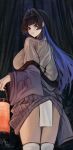  1girl absurdres aray_1010 bamboo bamboo_forest black_hair blue_eyes blue_hair blush breasts commentary_request cowboy_shot forest highres holding_lamp hololive hololive_english huge_breasts korean_commentary long_sleeves looking_at_viewer looking_back looking_down multicolored_hair nature night ouro_kronii outdoors parted_lips solo thighhighs two-tone_hair virtual_youtuber white_thighhighs wide_sleeves 