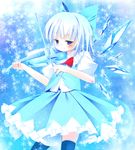  blue blue_eyes blue_hair blue_legwear bow bow_(instrument) bowtie cirno hair_bow highres ice ice_wings instrument light_smile short_hair skirt smile snowflakes solo thighhighs touhou vest violin wings zefa_(neoaltemice) 