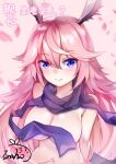  1girl animal_ears breasts chinese_commentary closed_mouth commentary_request convenient_censoring fox_ears highres honkai_(series) honkai_impact_3rd inaho_hikari large_breasts long_hair looking_at_viewer nude pink_hair purple_eyes purple_scarf scarf smile solo upper_body yae_sakura 
