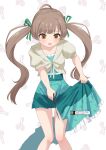  1girl :d absurdres ahoge blush brown_eyes brown_hair canon_event commentary_request cutting_clothes dress facing_viewer feet_out_of_frame green_dress green_ribbon hair_ribbon hakozaki_serika highres holding holding_scissors idolmaster idolmaster_million_live! idolmaster_million_live!_theater_days kasabutap long_hair looking_down open_mouth ribbon scissors short_sleeves smile solo standing translation_request twintails very_long_hair 