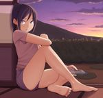  against_wall barefoot bottle cloud error leg_up legs long_hair long_legs looking_back open_mouth original pinkwaters ponytail purple_eyes purple_hair shirt shorts soles solo sunset thighs toes water_bottle wrong_feet 