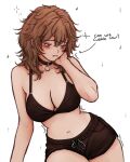  1girl absurdres aku_exe arm_at_side averting_eyes black_bra black_choker black_shorts blush bra breasts brown_hair choker closed_mouth commentary cowboy_shot dolphin_shorts drawstring english_commentary english_text fang fang_out fluffy_hair full_body hand_on_own_cheek hand_on_own_face highres large_breasts medium_hair motion_lines navel no_shirt original purple_eyes raised_inner_eyebrows short_shorts shorts shy simple_background solo sparkle tied_drawstring underwear white_background 