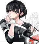  1boy 2girls ace_combat ace_combat_8 black_hair black_shirt commentary david_jenkins_(ace_combat) dog_tags english_commentary english_text fingerless_gloves gloves grey_eyes hair_behind_ear hair_bun heartbreak_juan helmet highres holding holding_unworn_helmet jewelry kate_evans looking_at_viewer multiple_girls necklace parted_lips shirt short_hair simple_background sketch solo_focus tasha_(ace_combat) unworn_headwear unworn_helmet upper_body white_background white_gloves 