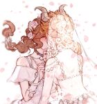  2girls 6456904065 back bare_shoulders bead_necklace beads bikini blush braid braided_ponytail bridal_veil brown_hair chinese_commentary choker closed_eyes commentary_request dress falling_petals fingerless_gloves fiona_gilman fiona_gilman_(samara) flower from_behind gloves grace_(identity_v) hair_bun hair_flower hair_ornament hand_on_another's_chin hand_up highres horns identity_v jewelry kiss long_hair multiple_girls necklace nontraditional_wedding_dress off-shoulder_dress off_shoulder official_alternate_costume petals see-through_clothes see-through_veil shell shell_bikini swimsuit trembling veil white_bikini white_dress white_flower white_gloves white_veil wife_and_wife yuri 