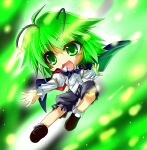  1girl 2000s_(style) :d antennae black_cape black_shorts brown_shoes cape chibi chibi_only collared_shirt commentary_request elehime flying_kick full_body green_background green_eyes green_hair kicking loafers long_sleeves open_mouth red_cape shirt shoes short_hair shorts smile socks solo touhou two-sided_cape two-sided_fabric white_shirt white_socks wriggle_nightbug 