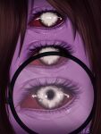  absurdres arthropod_girl brown_hair colored_sclera colored_skin dante_will dante_will_(gamer) dante_will_(spider) extra_eyes eye_focus highres indie_virtual_youtuber mia_a_hale monster_girl no_pupils purple_skin red_sclera round_eyewear signature spider_girl virtual_youtuber 