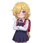  1girl :t absurdres annoyed backpack bag blonde_hair blue_dress blue_eyes blush braid braided_ponytail child closed_mouth commentary cowboy_shot crossed_arms dress english_commentary hair_over_one_eye hanakaji_(yuuchanto) highres long_hair looking_at_viewer neck_ribbon original pointy_ears pout randoseru red_bag red_ribbon ribbon sailor_dress school_uniform shirt sidelocks simple_background solo svetlana_(hanakaji) textless_version very_long_hair white_background white_shirt 