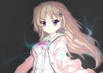  1girl 9-nine- absurdres anime_coloring blue_eyes blush bow breasts brown_hair cardigan chest_bow closed_mouth commentary_request dress floating_hair gear_hair_ornament glowing glowing_hand grey_background hair_ornament hakusen_academy_school_uniform highres kujou_miyako large_breasts long_hair long_sleeves looking_at_viewer ojin open_cardigan open_clothes pink_bow pink_cardigan reaching reaching_towards_viewer school_uniform serious simple_background sketch solo underlighting upper_body v-shaped_eyebrows very_long_hair white_dress wing_hair_ornament 